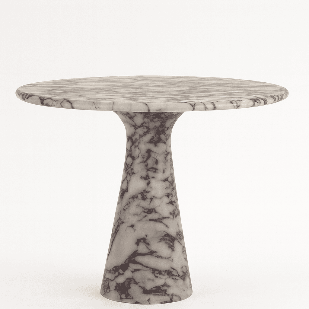 Marble dining table with a textured base on a white background
