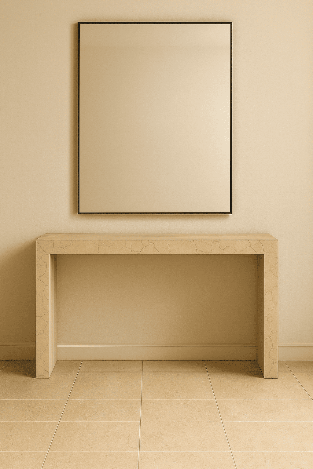 Beige wall with a plain mirror and a matching beige console table.