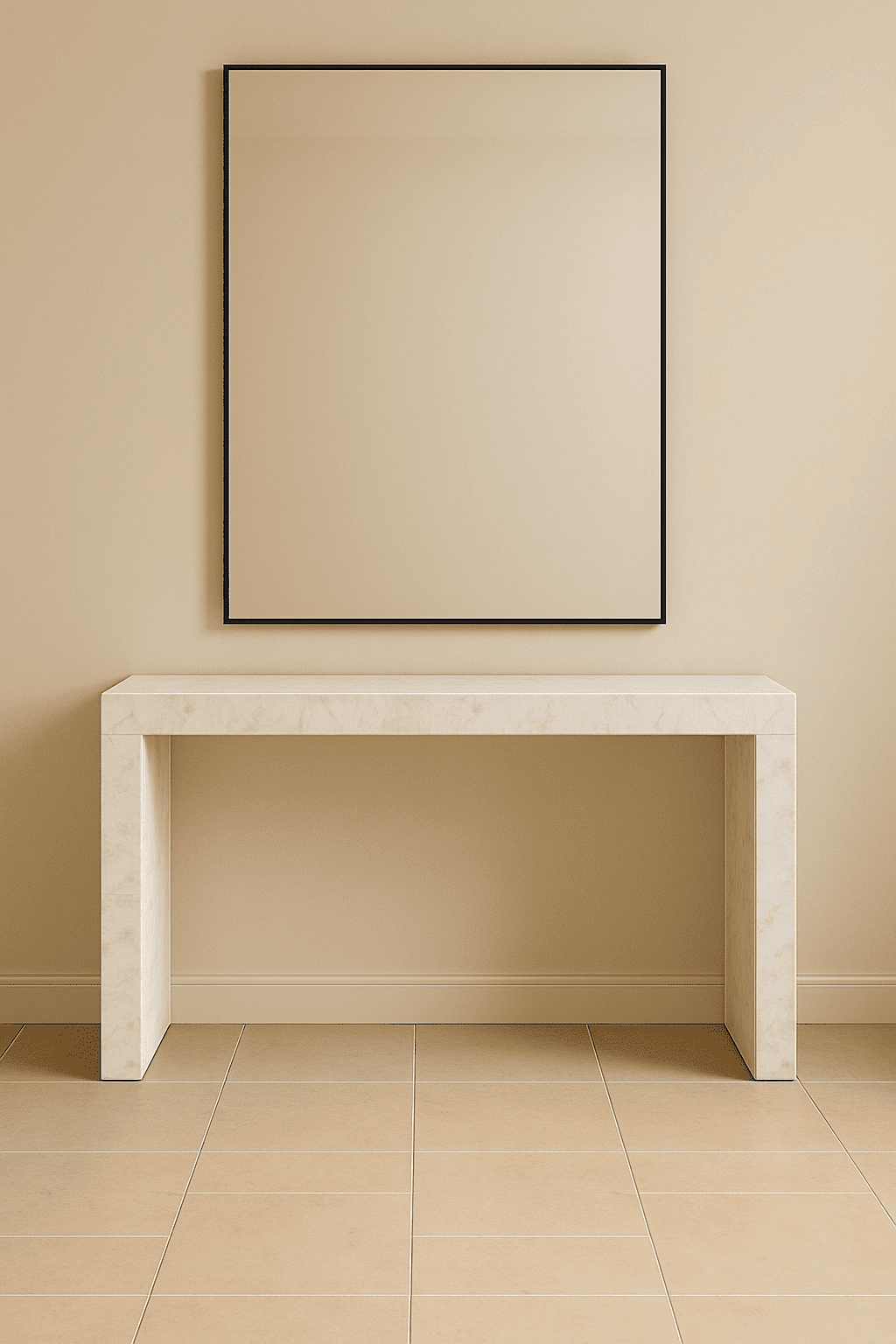 Beige wall with a framed mirror above a matching beige console table.