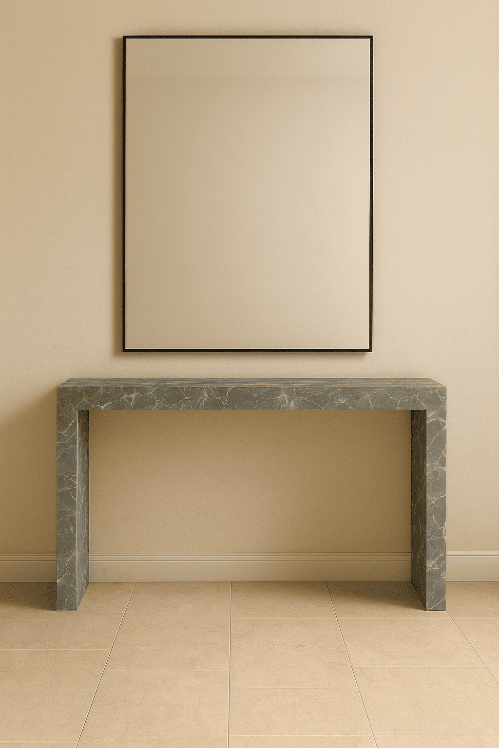 Gray marble console table against a beige wall with a framed mirror above it.
