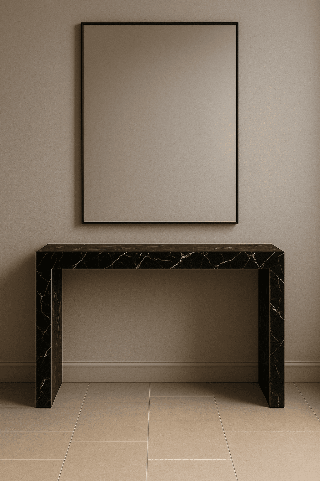 Black marble console table against a beige wall with a large mirror.