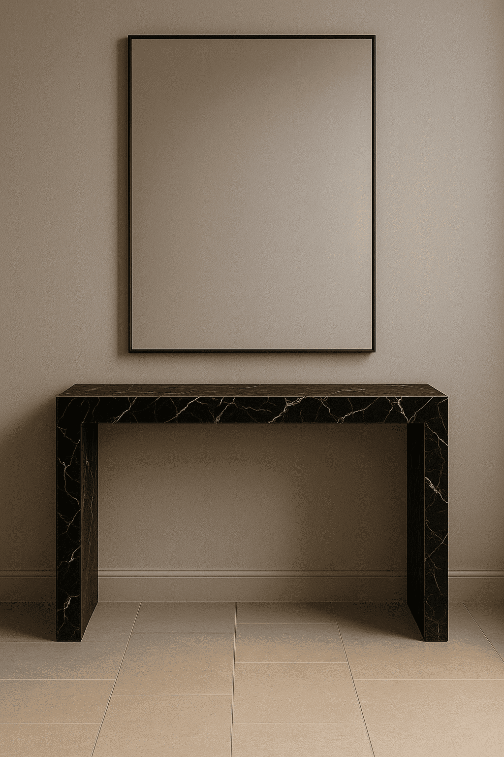 Black marble console table against a beige wall with a large mirror.