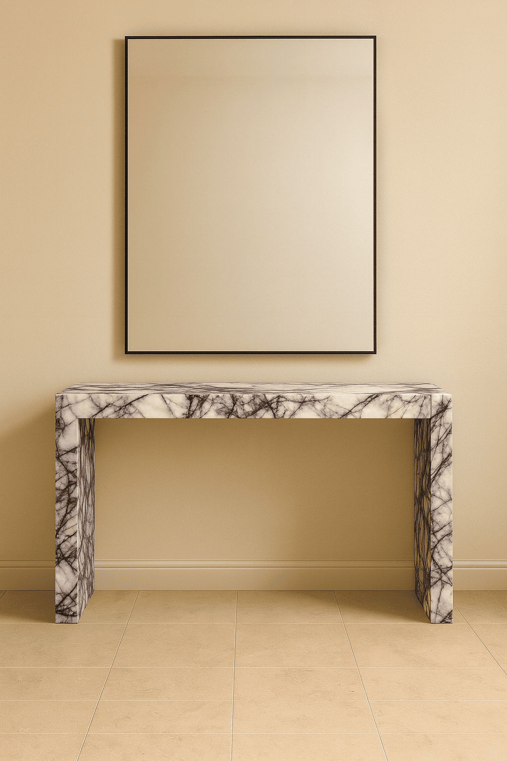 Marble console table against a beige wall with a framed mirror above it.