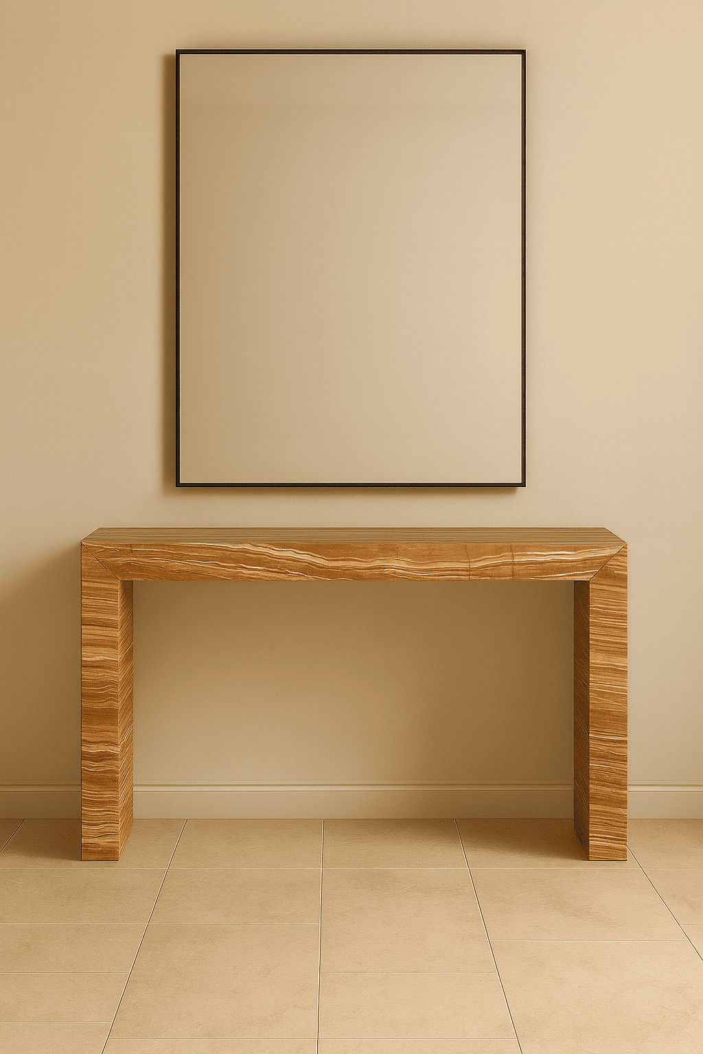 Wooden console table against a beige wall with a framed mirror above it.
