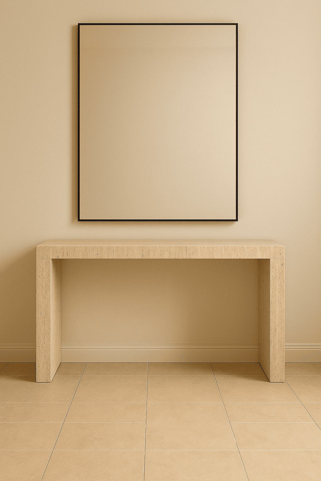 Beige wall with a rectangular mirror and a matching wooden console table.