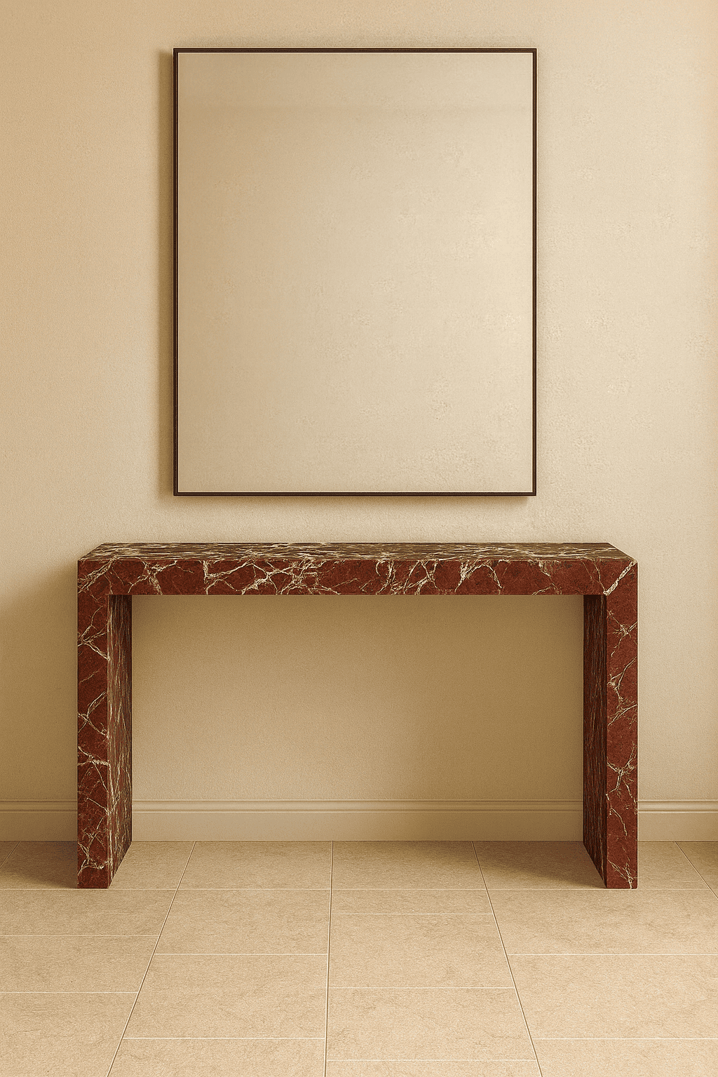 Marble console table against a beige wall with a mirror above it.