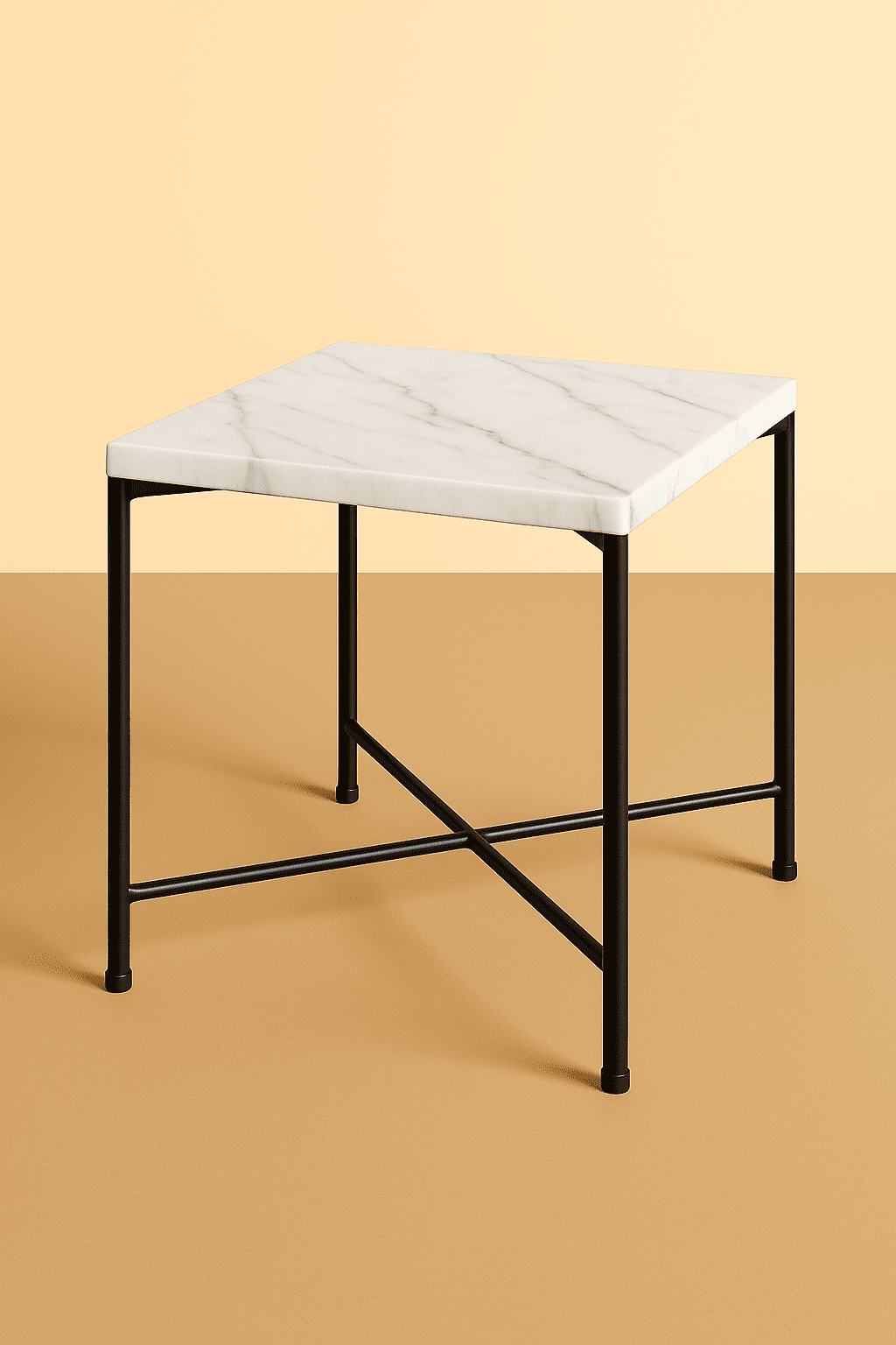 Small side table with marble top and black metal legs on a beige background
