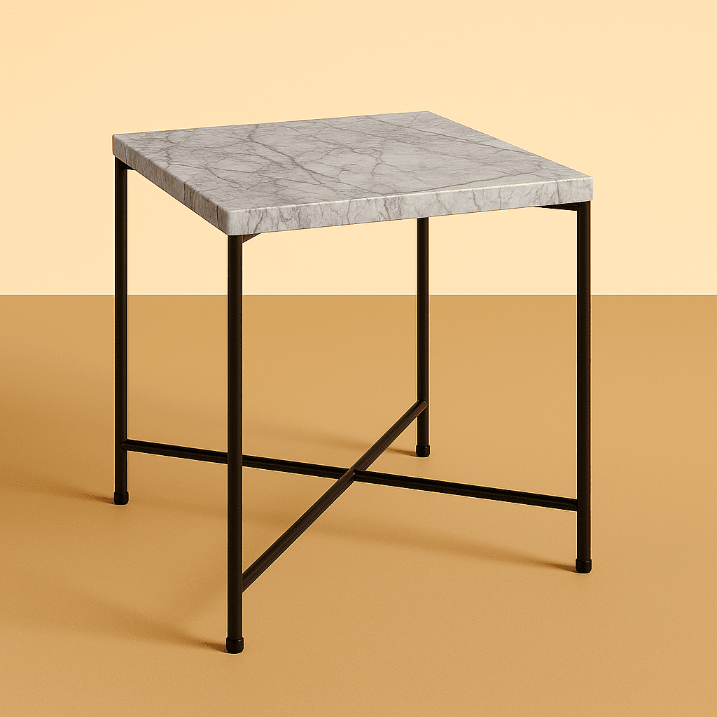 Small table with marble top and black metal legs on a beige background