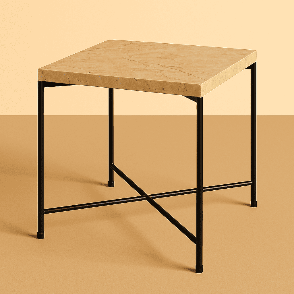 Small table with a beige top and black metal legs on a beige background