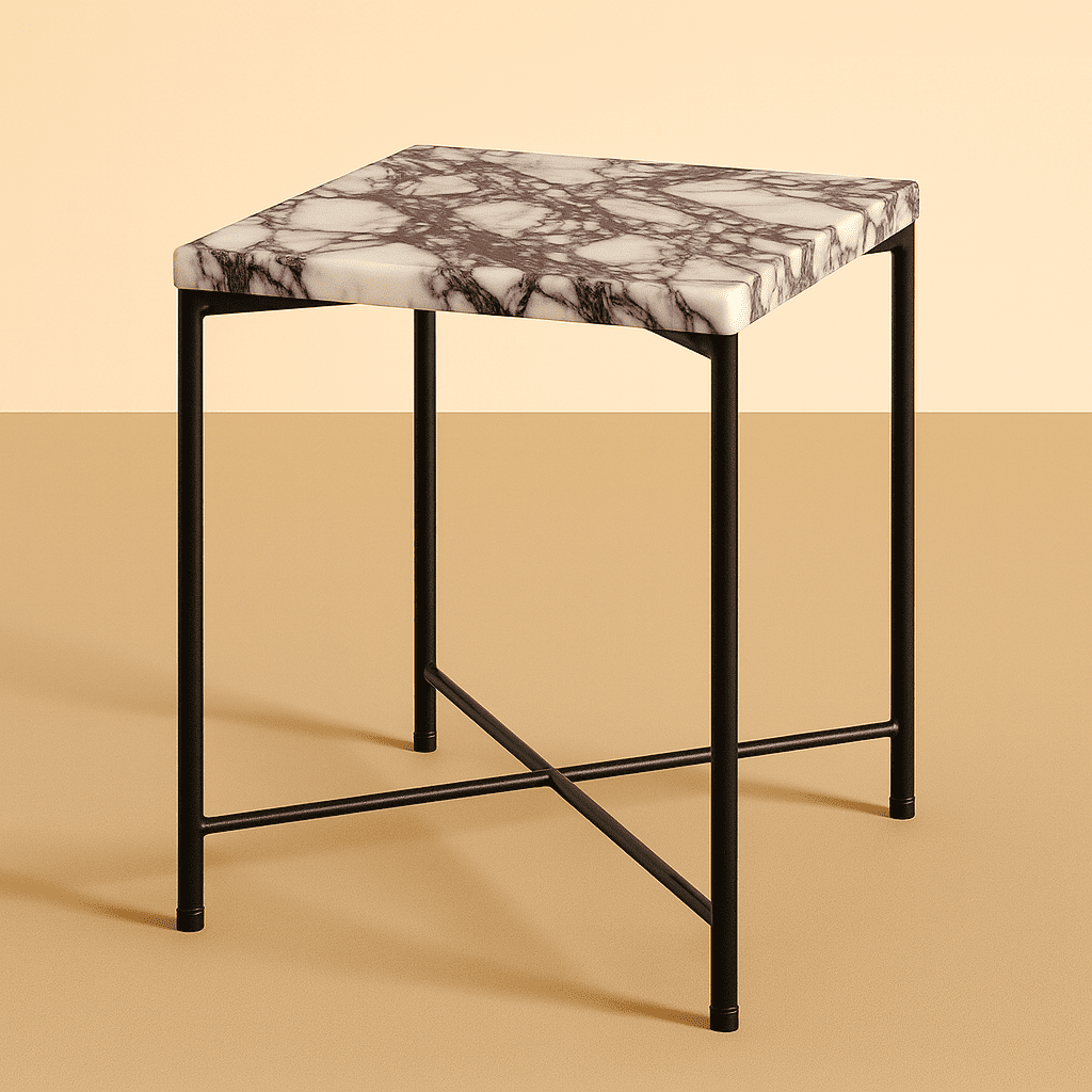 Small bar stool with marble-patterned top and black metal frame on a beige background