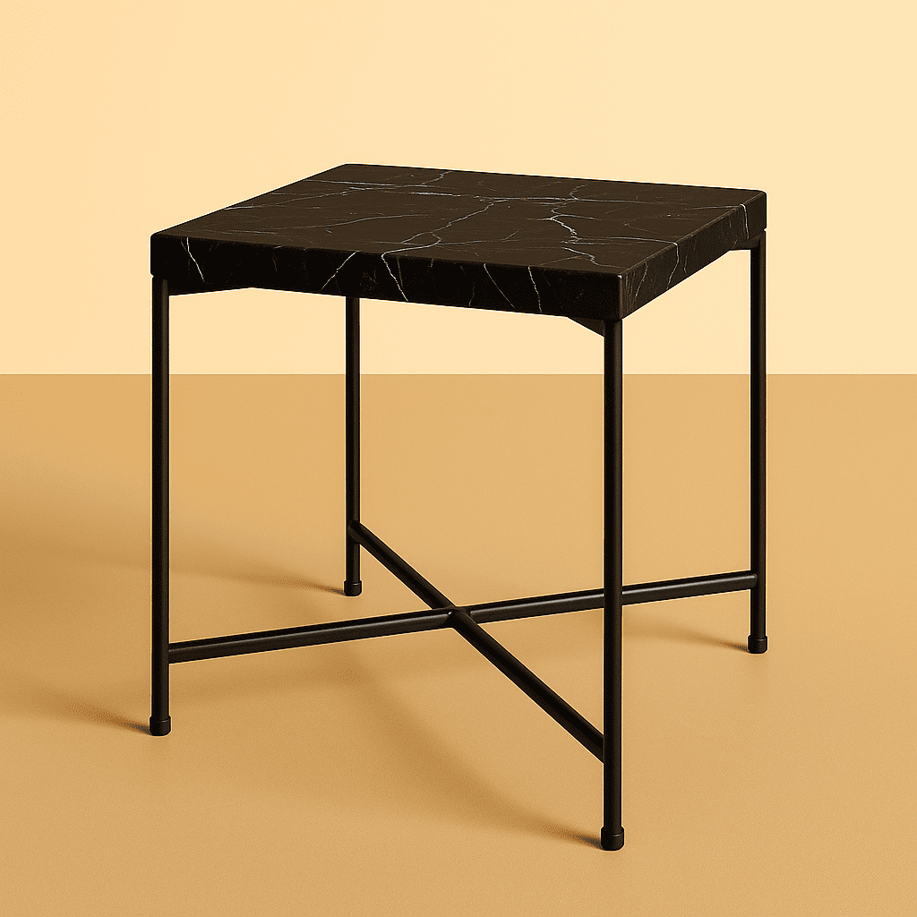 Black marble top table on a beige background