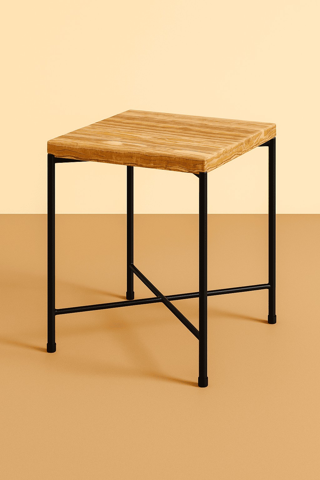 onyx table with black metal legs on a beige background