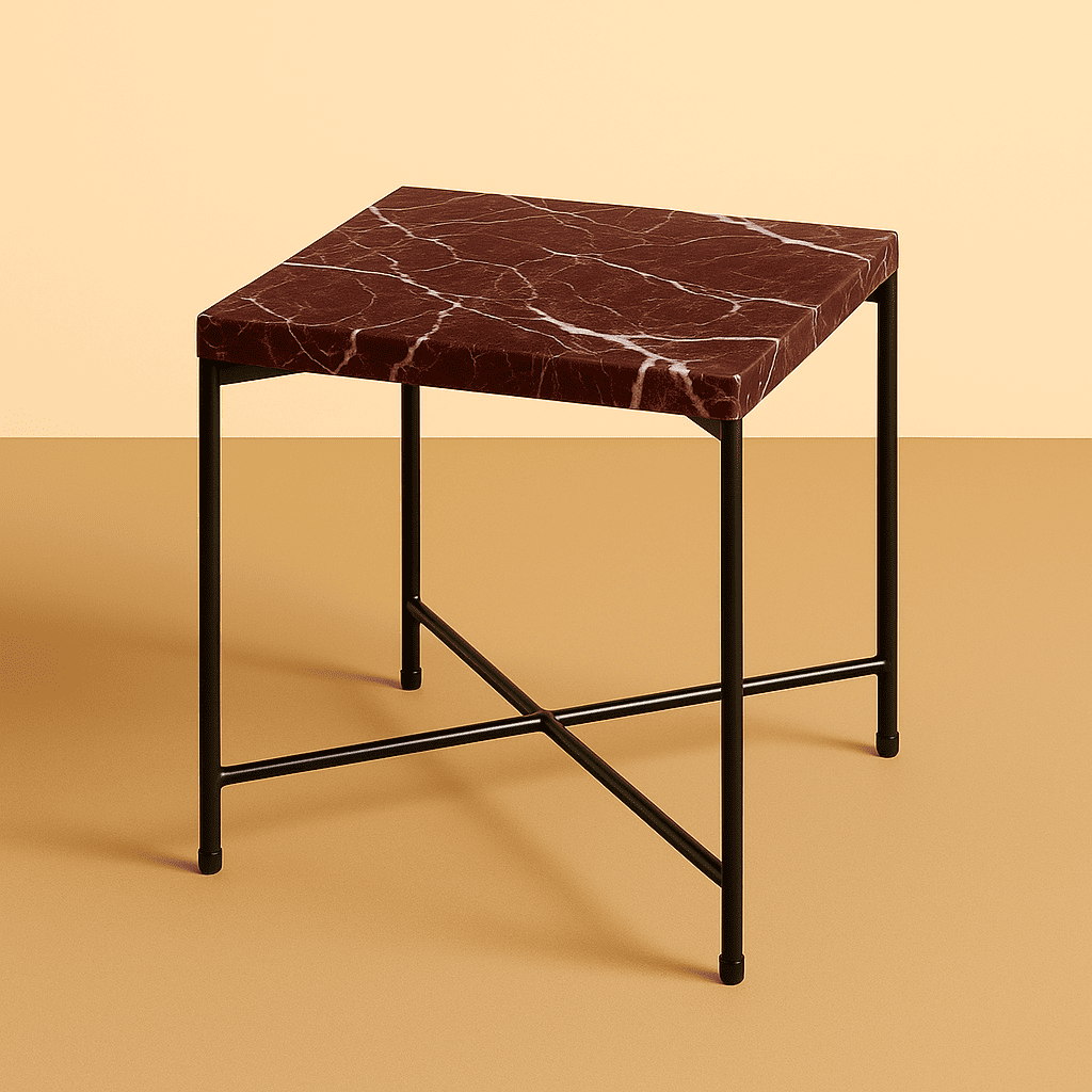 Small square table with marble top and black metal legs on a beige background