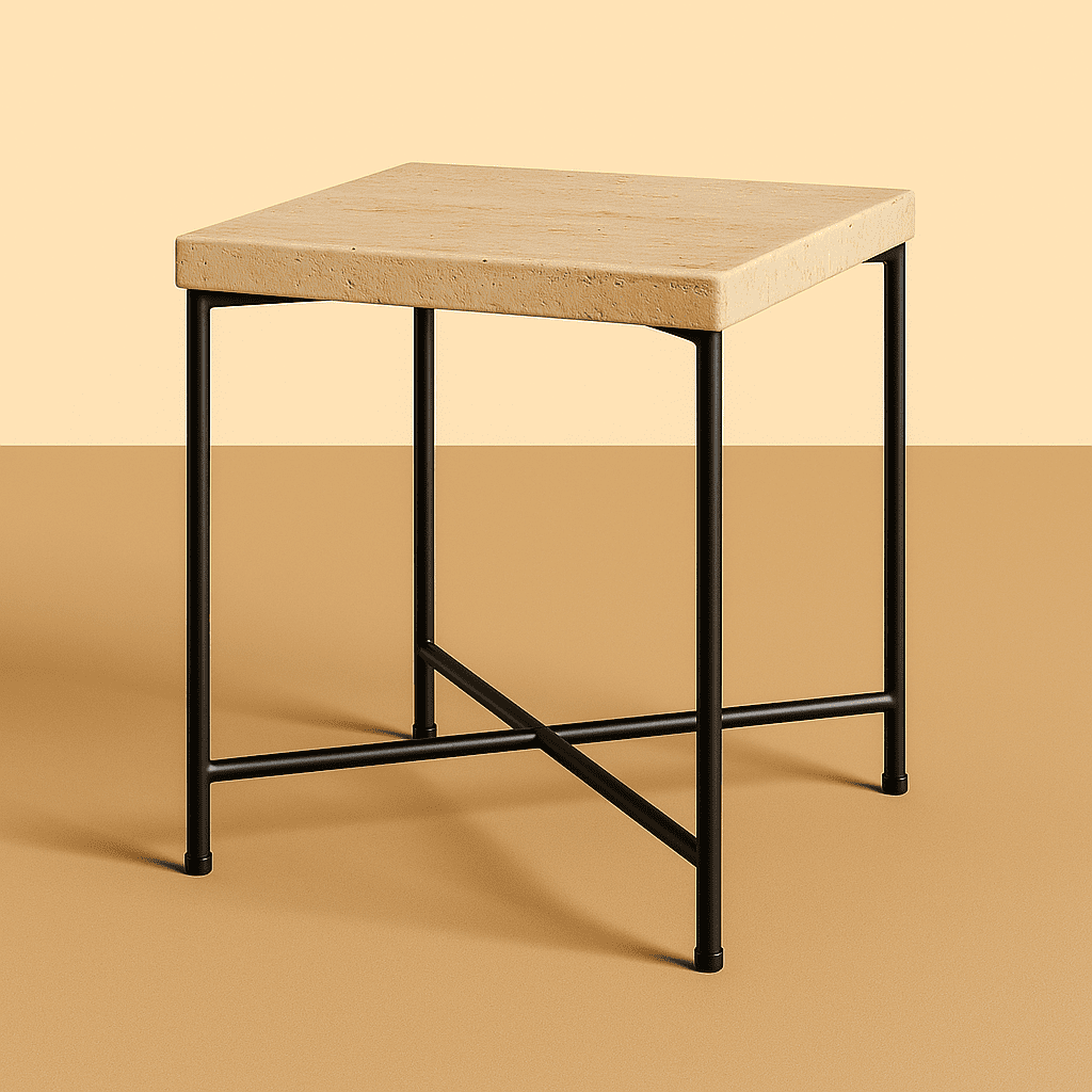 Small square table with a beige top and black metal legs on a beige background