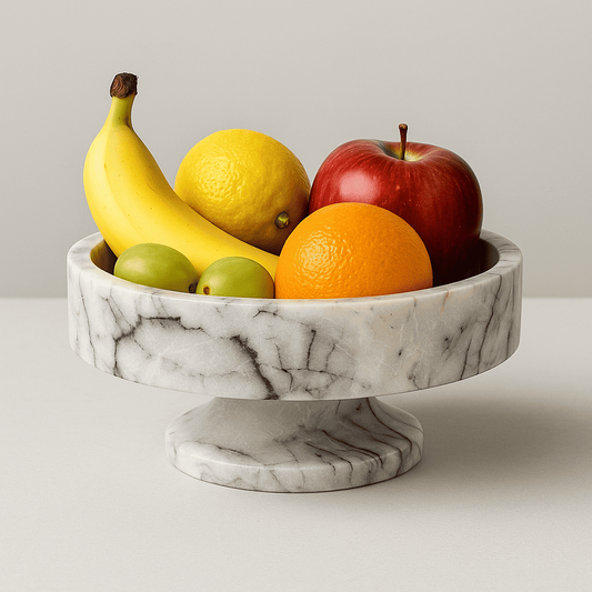 Marble Fruit bowl with bananas, apples, oranges, and lemons on a marble stand against a plain background
