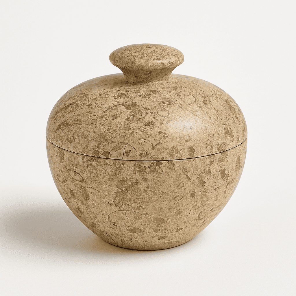Decorative stone jar with intricate carvings on a white background