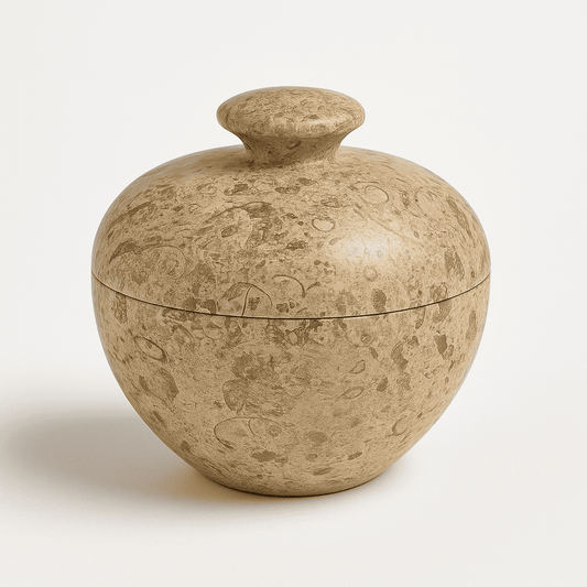 Decorative stone jar with intricate carvings on a white background