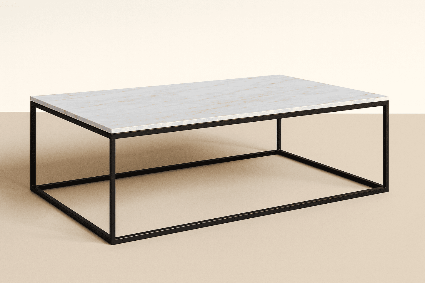 Coffee table with a marble-like top and black metal frame on a beige background