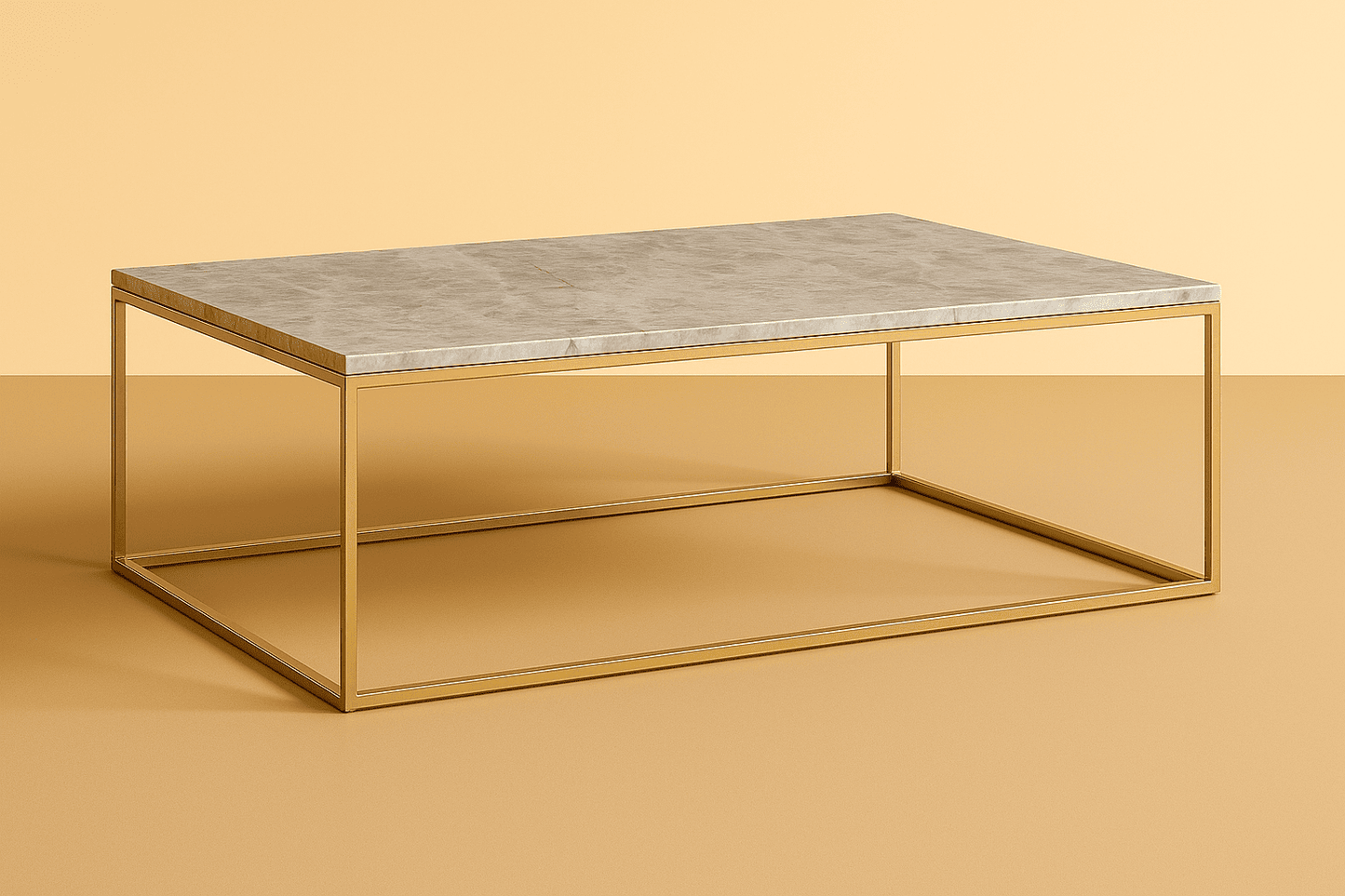Coffee table with marble top and gold frame on a beige background