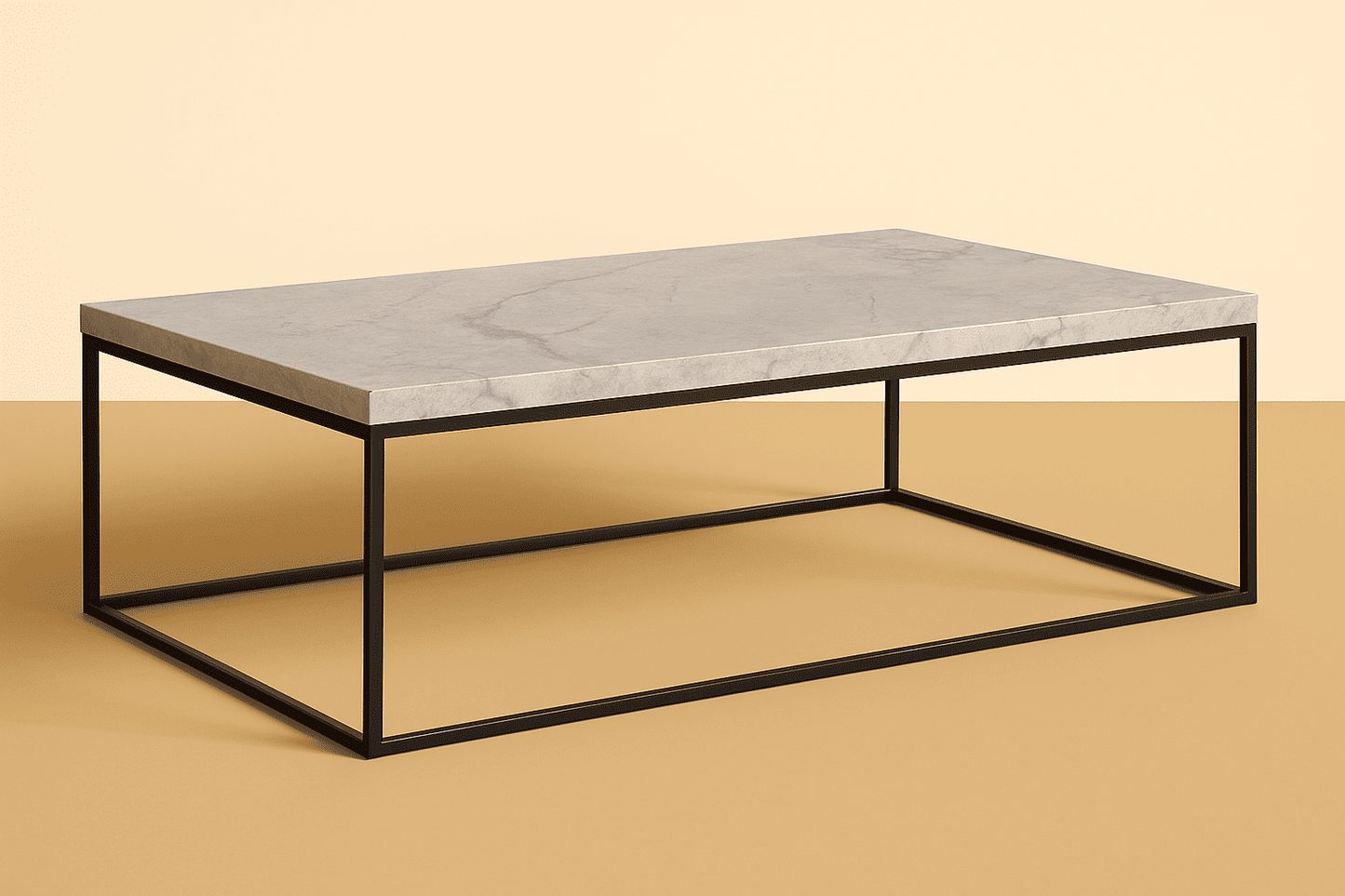 Coffee table with a gray marble top and black metal frame on a beige background