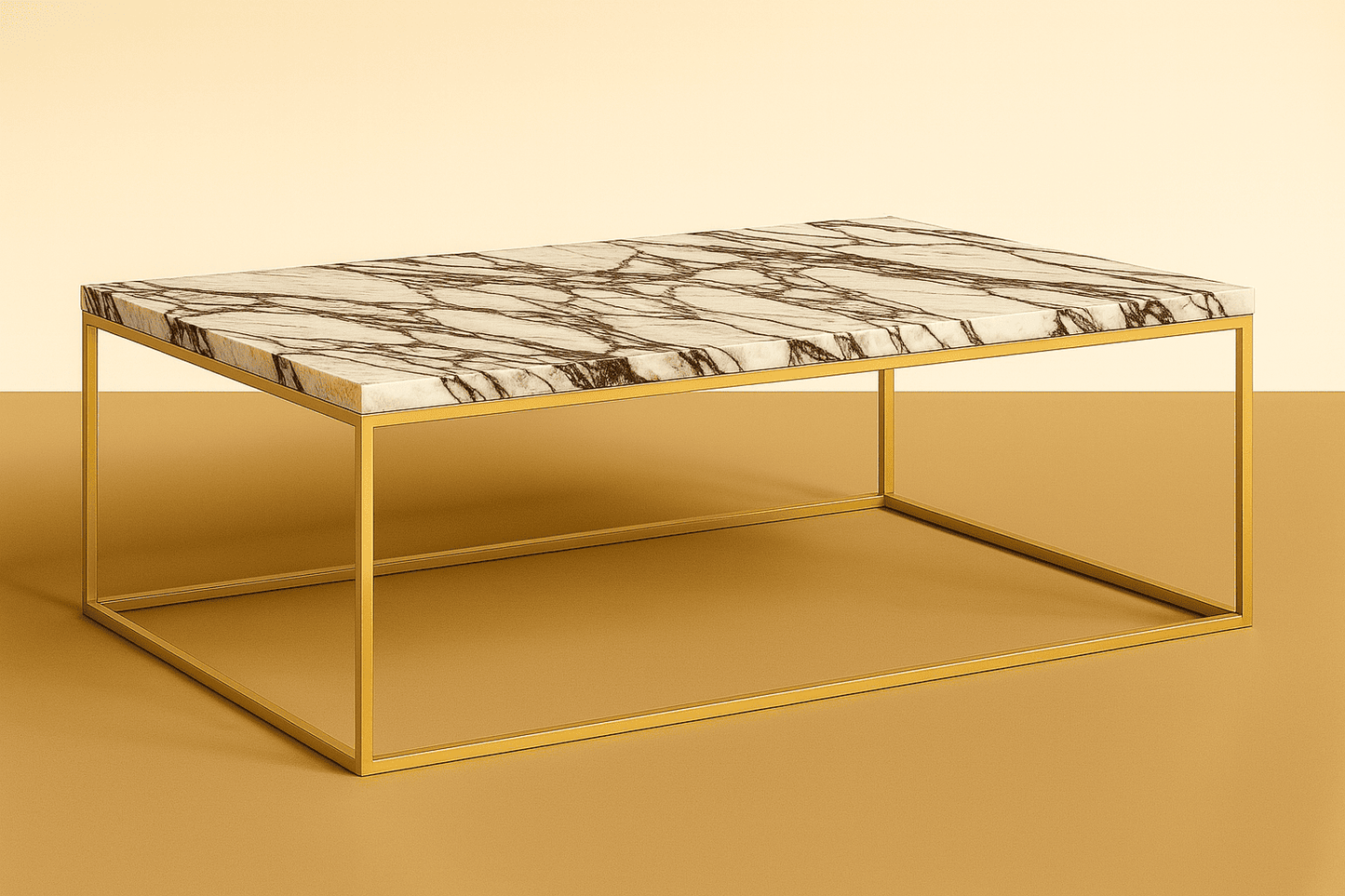 Coffee table with calacatta viola marble top and gold frame on a beige background