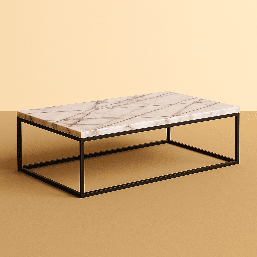 Coffee table with marble-like top and black metal frame on a beige background
