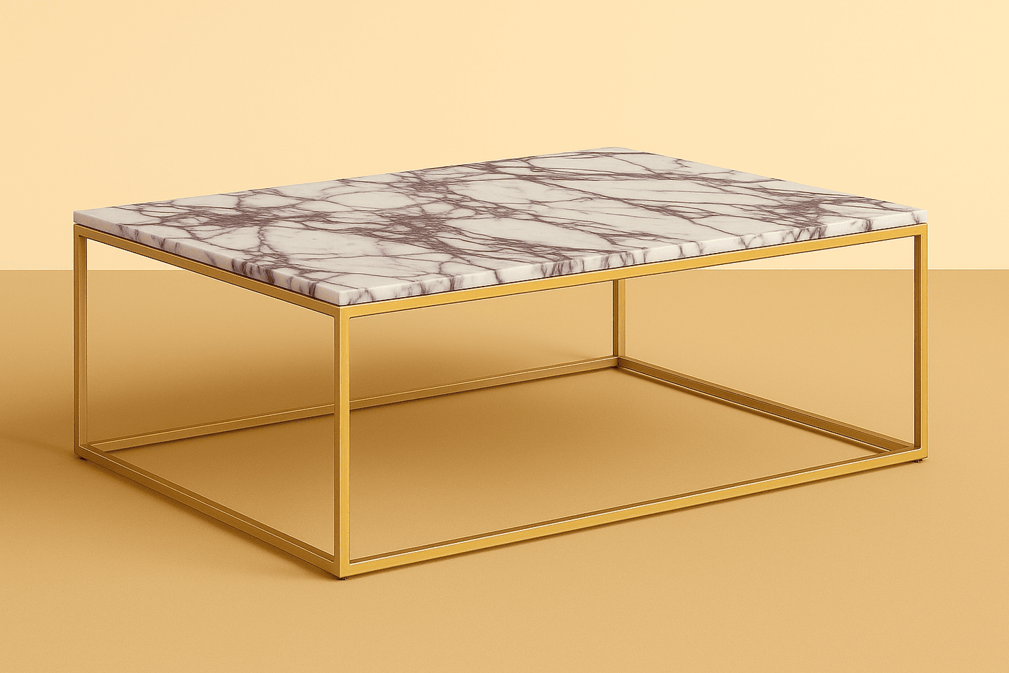 Coffee table with lilac marble top and gold frame on a beige background