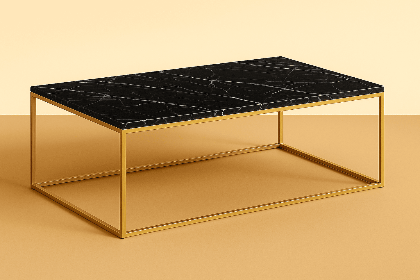 Coffee table with black marble top and gold frame on a beige background