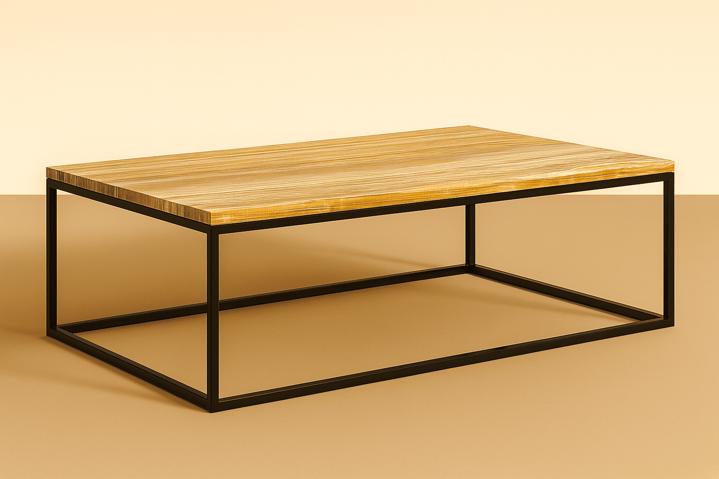 Onyx coffee table with black metal frame on a beige background
