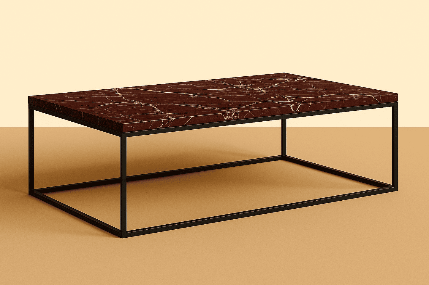 Coffee table with a brown marble top and black metal frame on a beige background