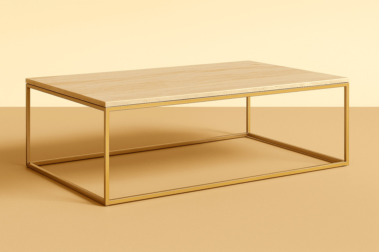 travertine coffee table on a beige background with metal golden legs