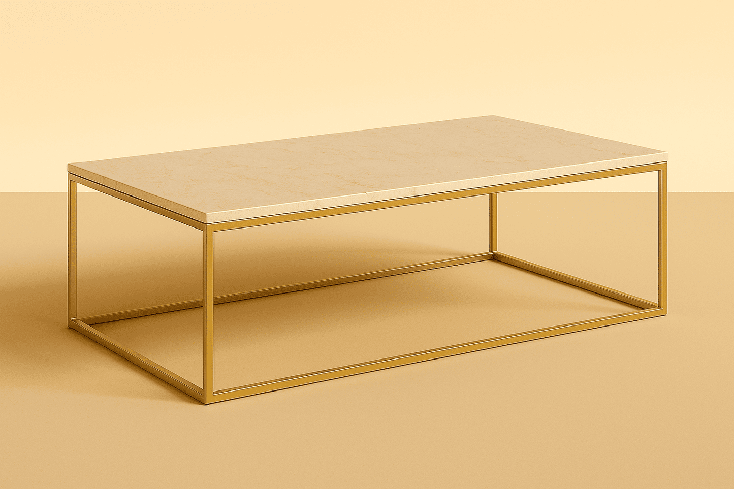 Coffee table with gold frame and beige marble top on a beige background