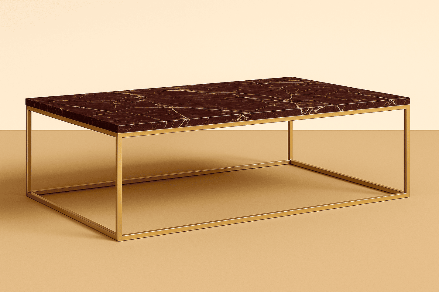 Coffee table with marble top and gold frame on a beige background