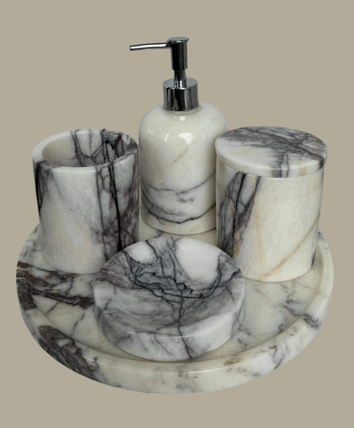 Sustainable 5-piece calacatta viola marble bathroom set with gold or silver pump. Includes dispenser, dish, tumblers, and tray. Handcrafted by Aurora Marble artisans.