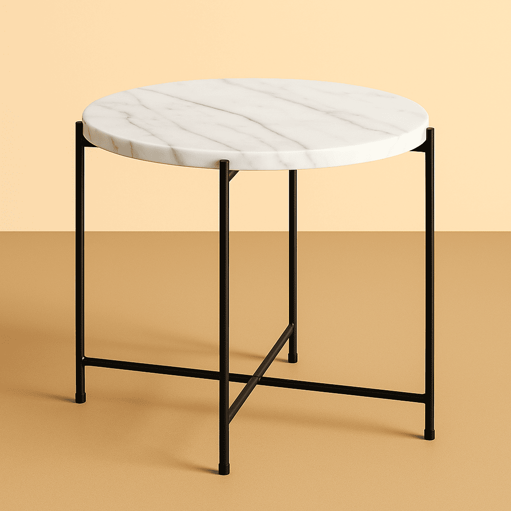 round side table with marble top and black metal frame on a beige background from aurora marble