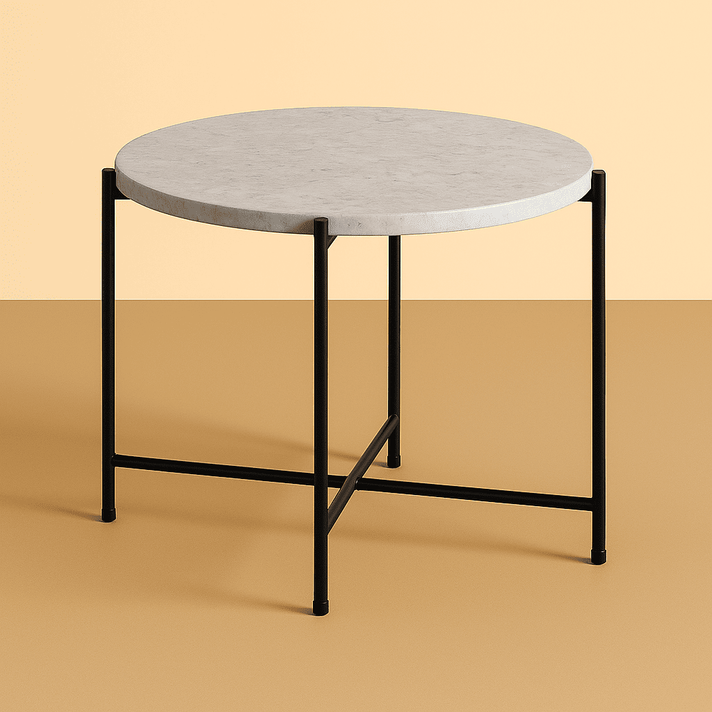 round side table with marble top and black metal frame on a beige background from aurora marble