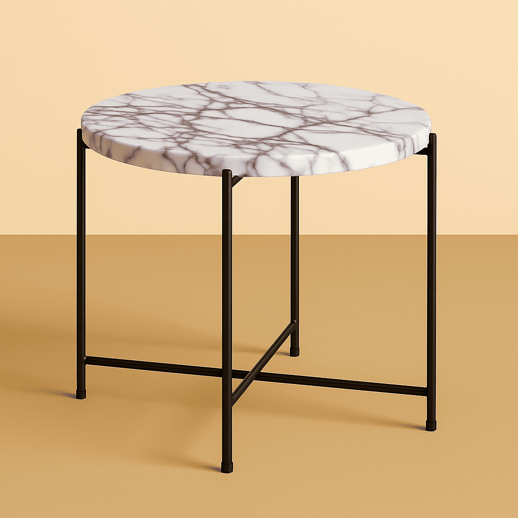 round side table with marble top and black metal frame on a beige background from aurora marble