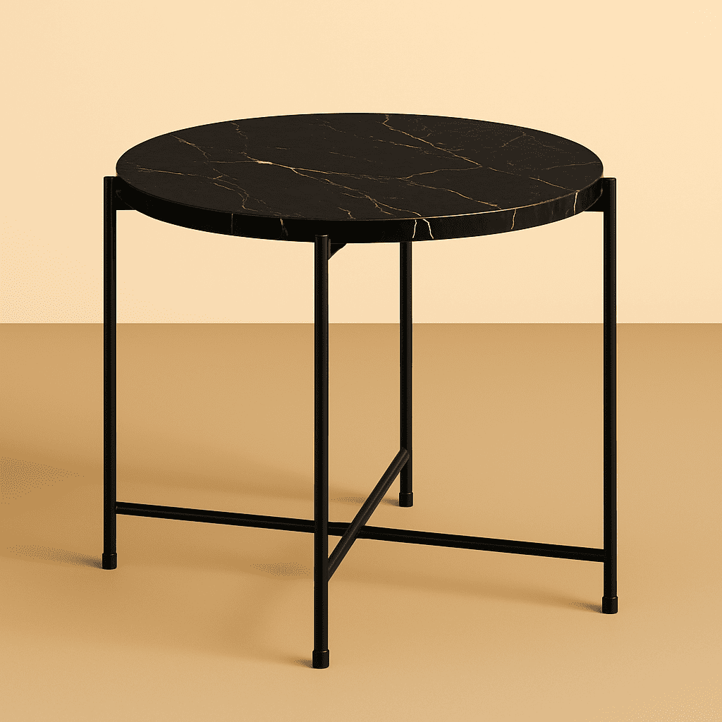 round side table with marble top and black metal frame on a beige background from aurora marble