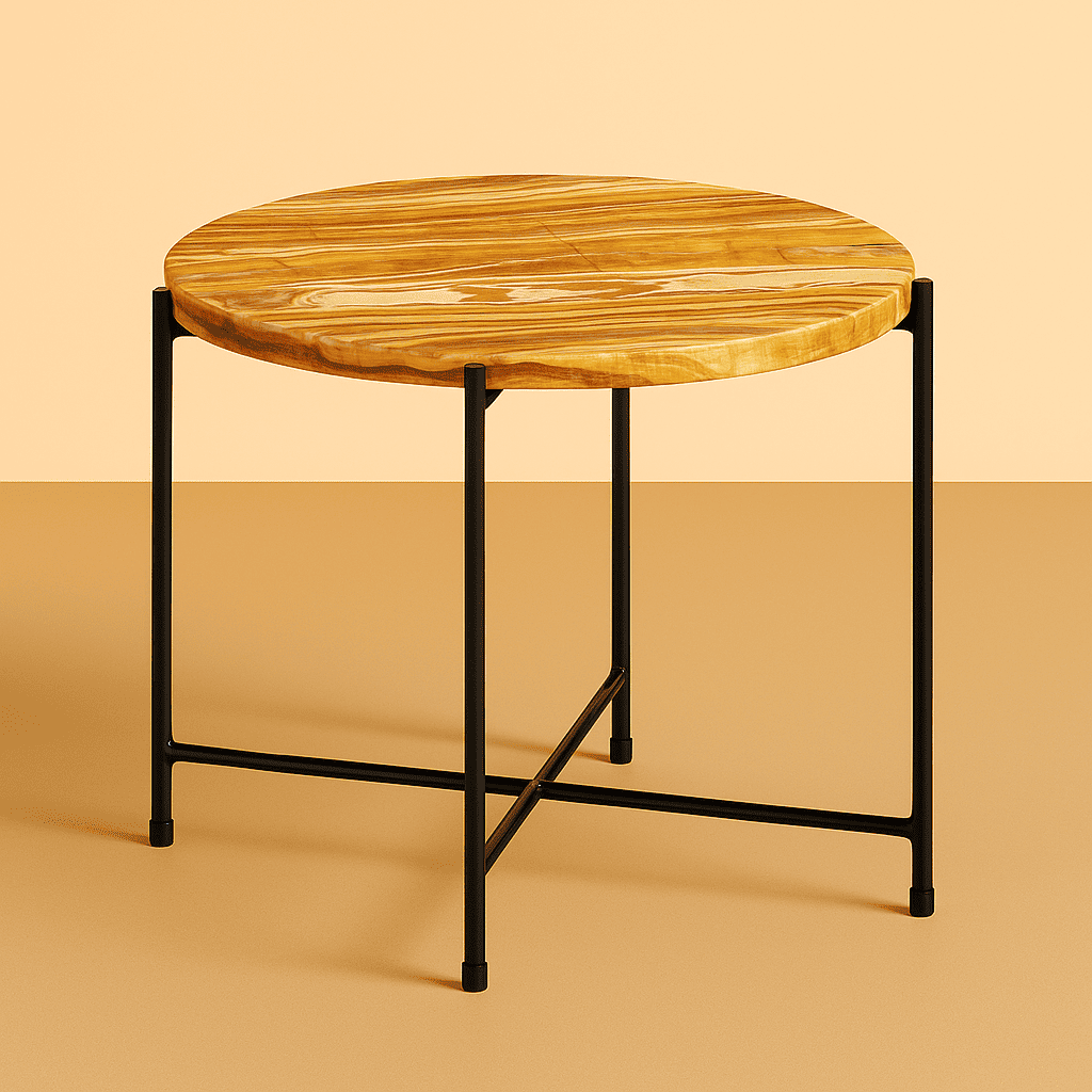 round side table with marble top and black metal frame on a beige background from aurora marble