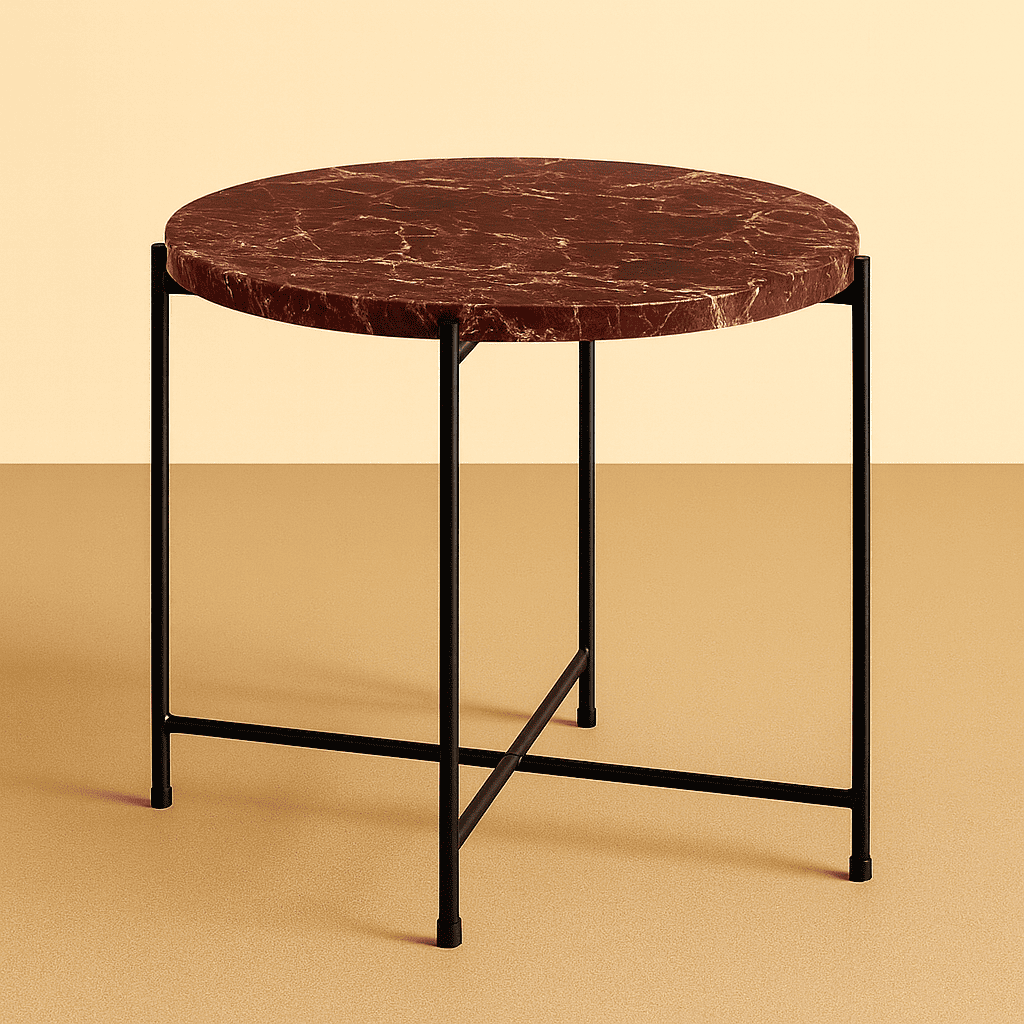 round side table with marble top and black metal frame on a beige background from aurora marble