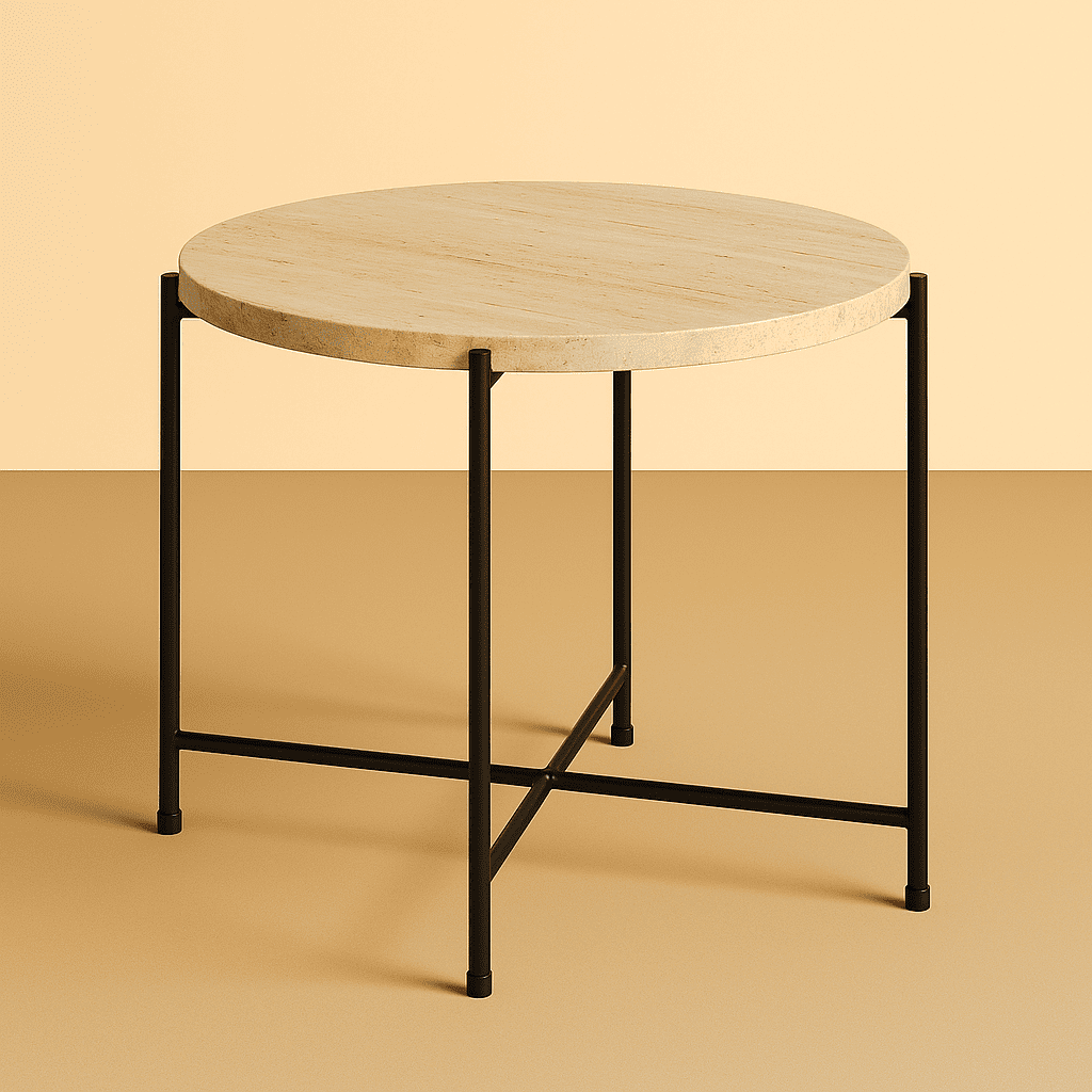 round side table with marble top and black metal frame on a beige background from aurora marble