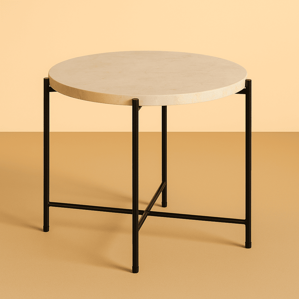 round side table with marble top and black metal frame on a beige background from aurora marble