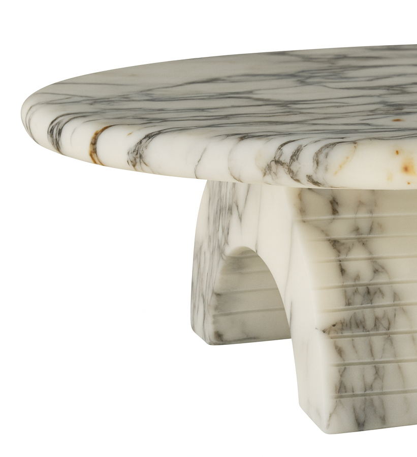 Marble table with a white and gray veined pattern on a white background