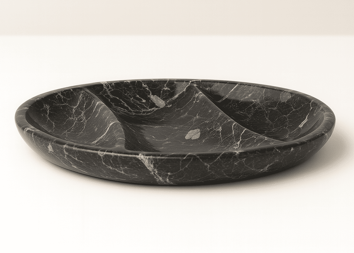 Nero marquina black handmade tray with three sections