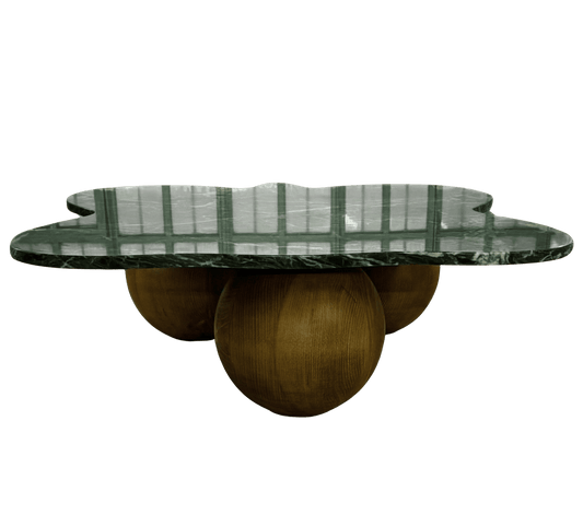 marble coffee table with marble top and wooden legs on a white background