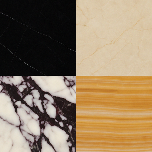 stone pallet of aurora marble with Calacatta Viola, Nero Marquina, beige marble and wood onyx