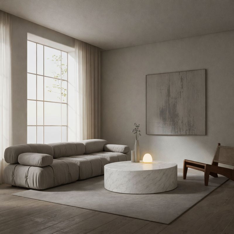 Modern living room with a gray sofa, round marble coffee table, and abstract painting.