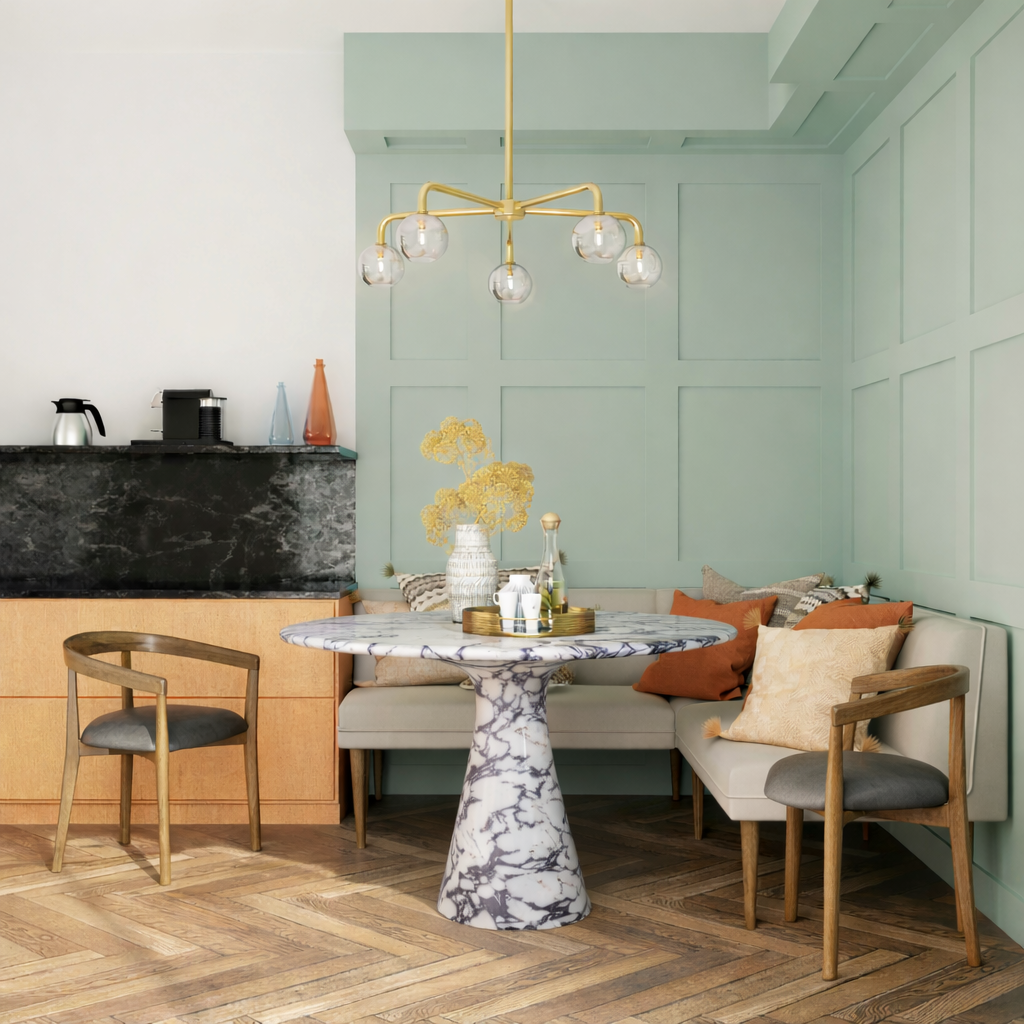 round dining table in calacatta viola marble