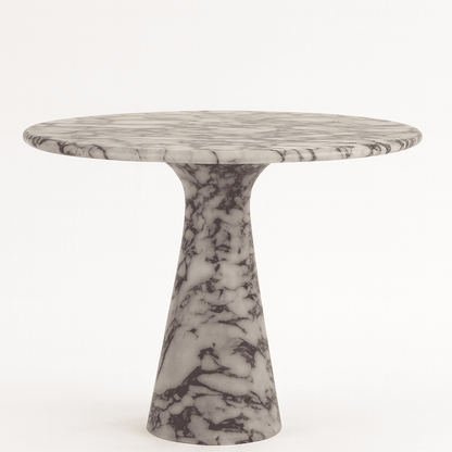 Marble dining table with a textured base on a white background