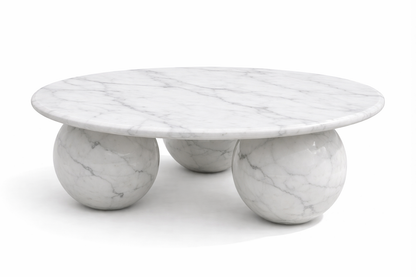 Marble coffee table with spherical bases on a white background. white marble coffee table